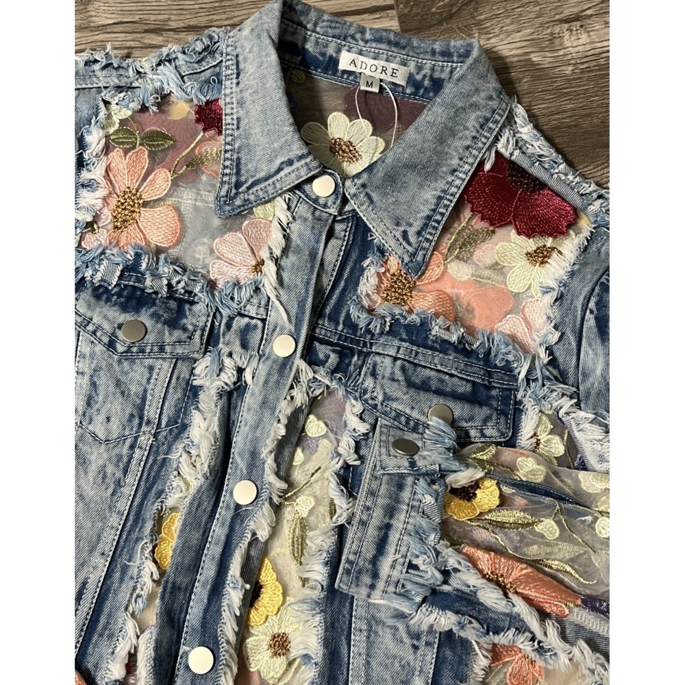 Adore Lace and 3D Floral Embroidery Distressed Jean Jacket Size Medium
